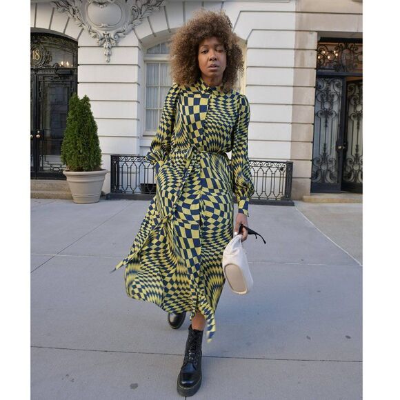 The Drop Geometric Print Midi Shirt Dress Long Sleeve Size XS Yellow Blue - Picture 1 of 9
